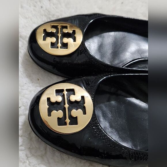 Tory Burch Reva Women's Patent Tumble Leather Ballet Flats Black/Gold US 8.5 - Picture 6 of 11